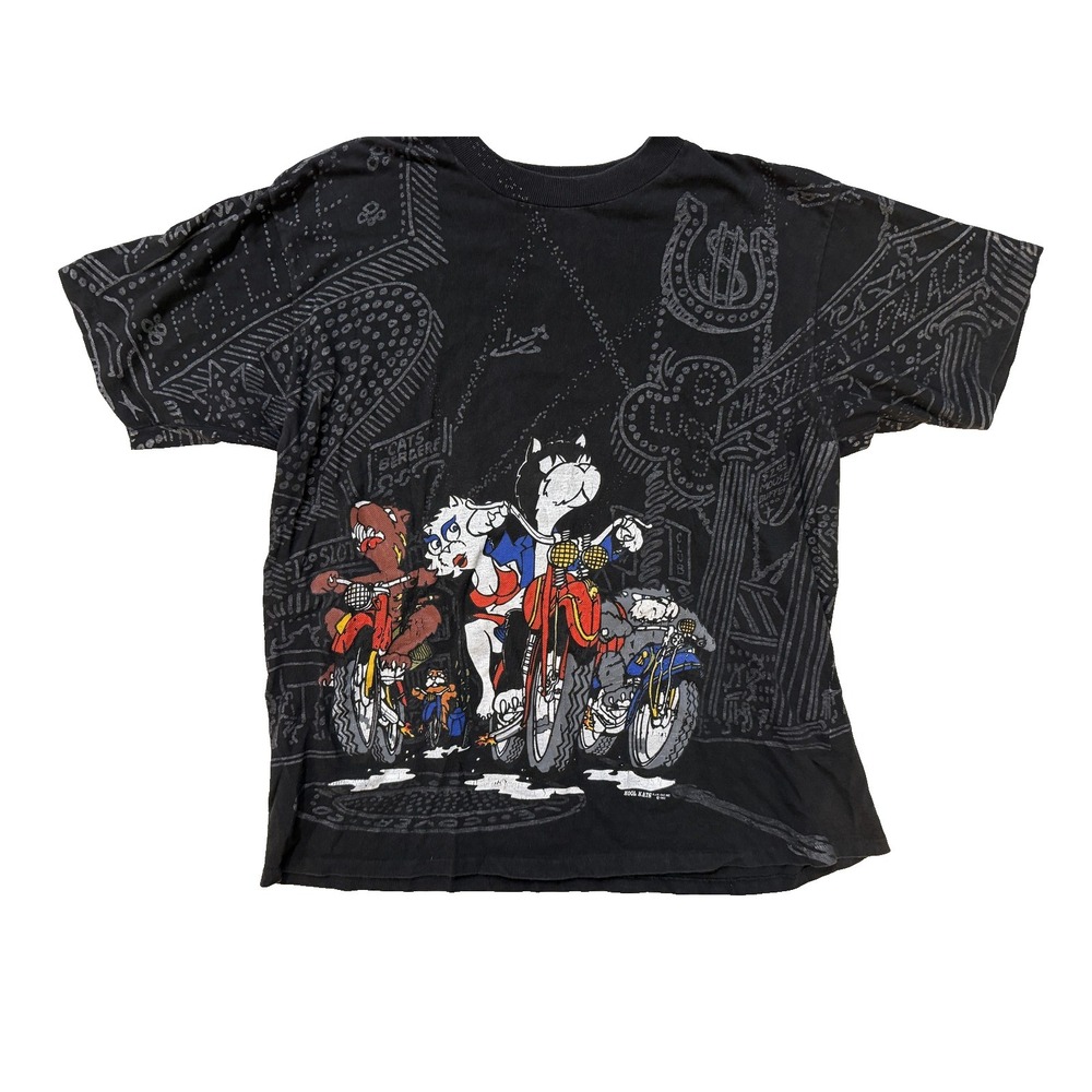Vintage 90s Kool Kats Shirt Mens Medium Black Las Vegas Biker Casino AOP Graphic